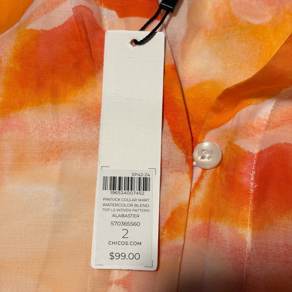 Chicos Pintuck Collar Shirt Watercolor Blend Alabaster Orange Pink Blouse 2 L 12 - Picture 7 of 9